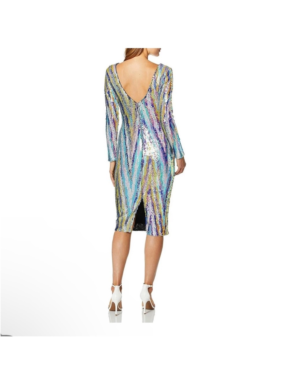 Dress the Population Multicolor Sequin V-Back Long Sleeve Midi Dress